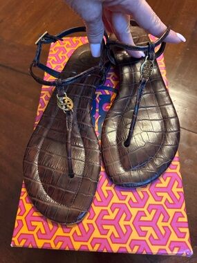 Tory Burch Dark Brown Croc-Embossed T-Strap Sandals with Gold Logo